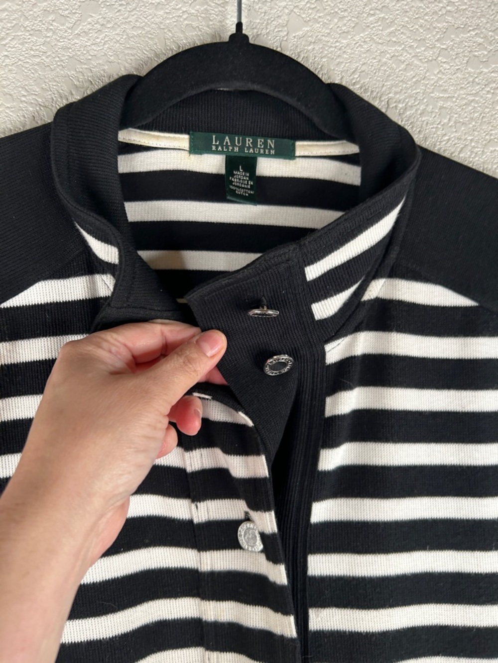 Lauren Ralph Lauren Black & White Stripe Knit Nautical Button Down Sweater Sz L - Picture 4 of 6